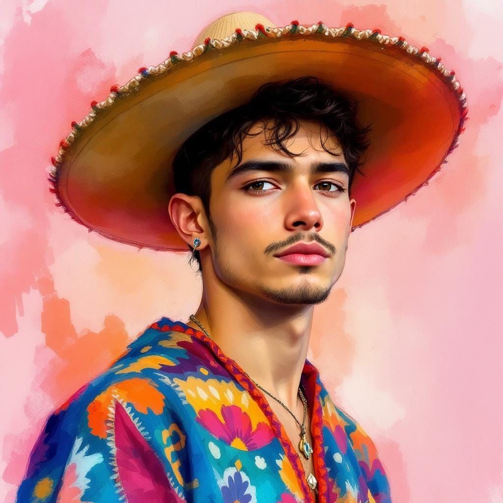 Mexican Man in Sombrero and Poncho, Watercolor Style