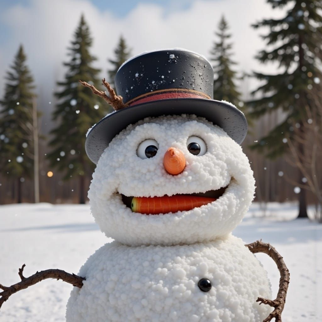 Surreal Snowman in a State of Shock with a Carrot Eye