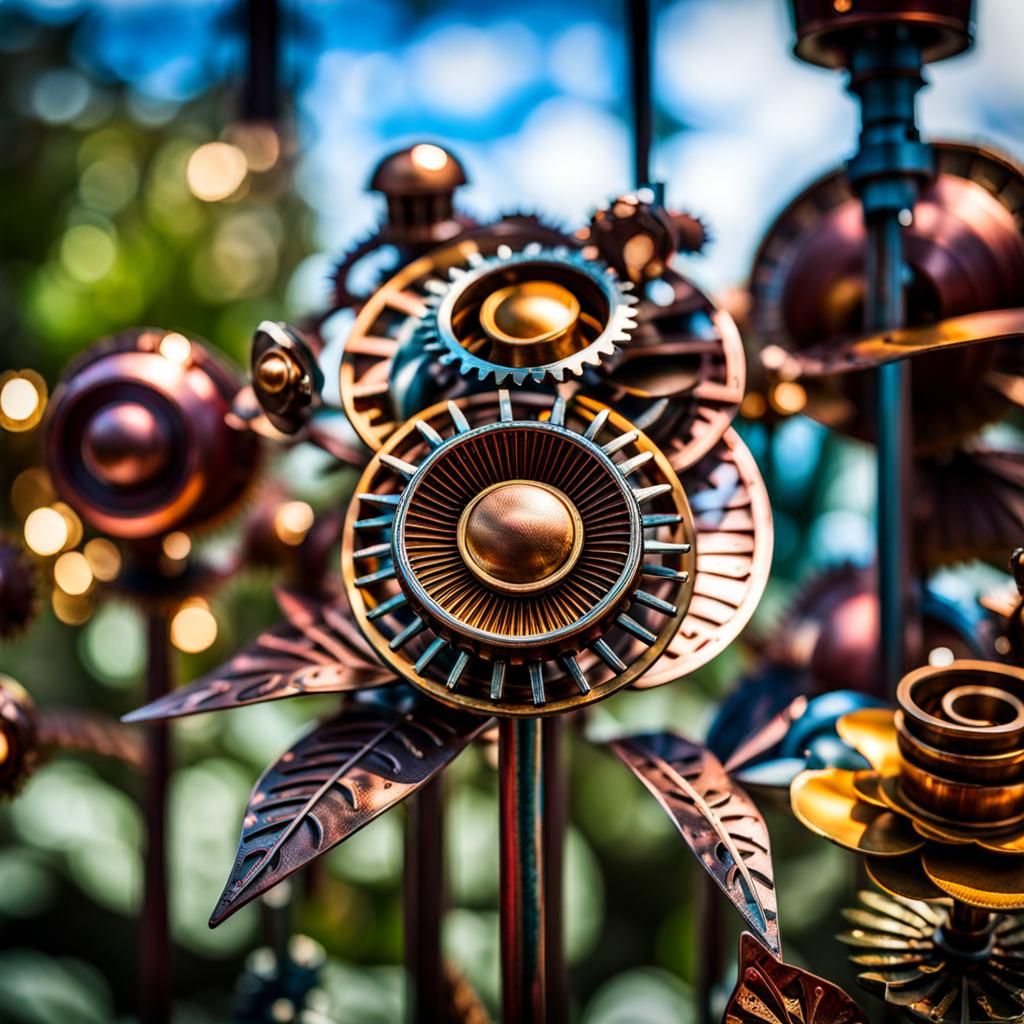 Steampunk Metal Flowers in Hyperrealistic Garden Scene