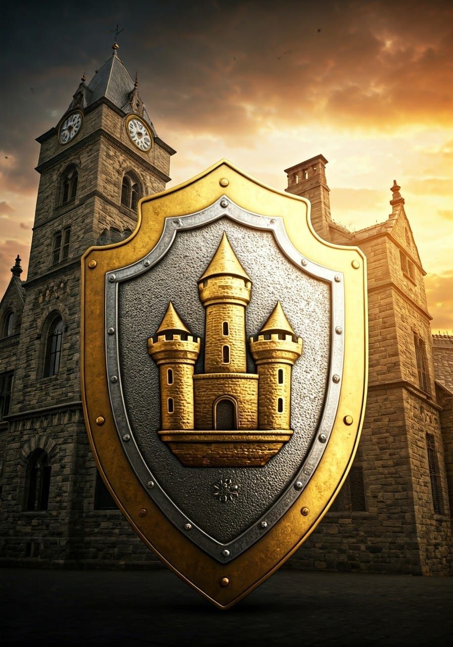 Medieval Shield in Castle Landscape, in Hyper-Realistic Digi...