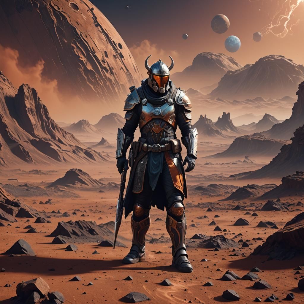 Futuristic Viking Warrior on Mars: Detailed Matte Painting
