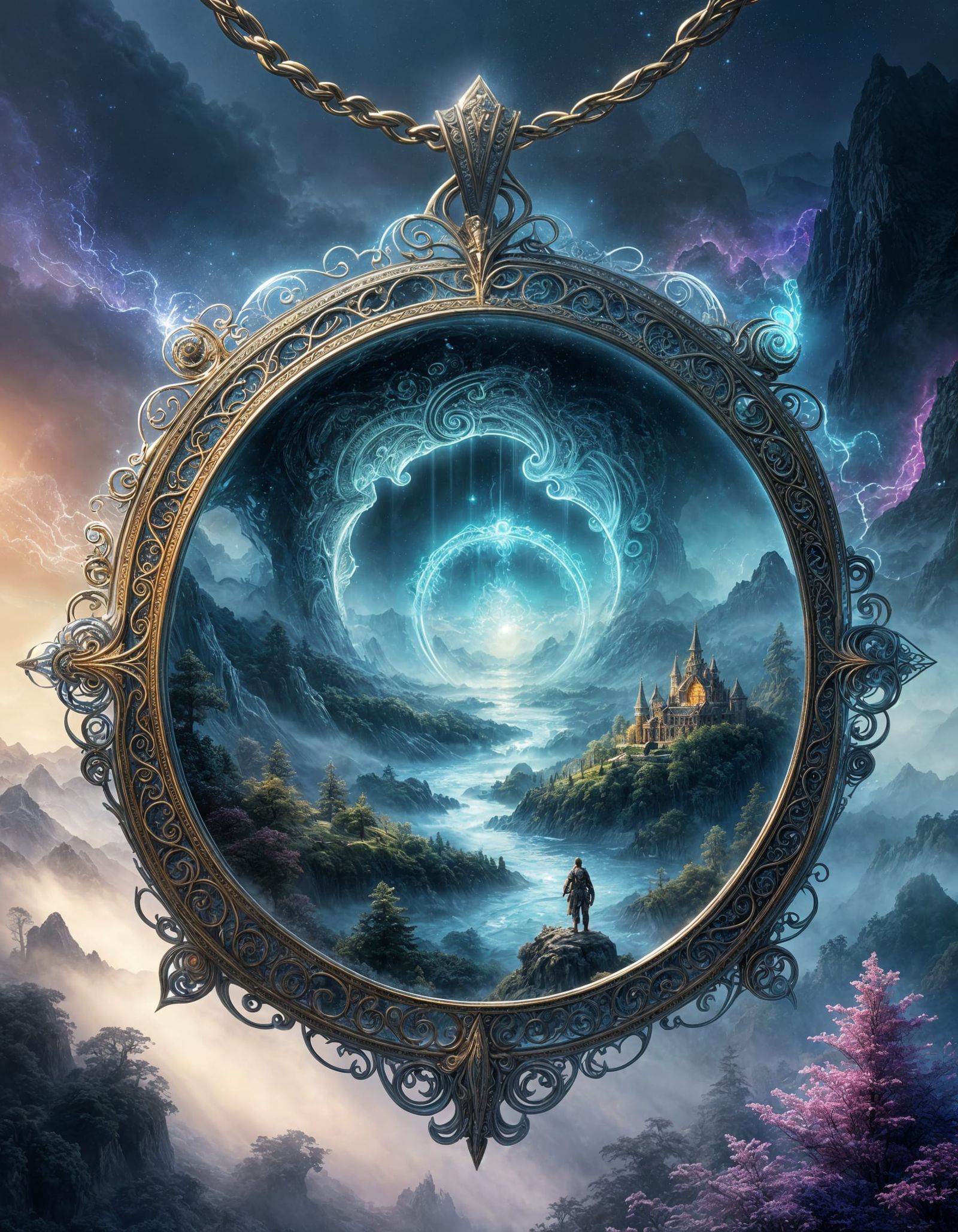 Ethereal Fantasy Pendant in Maximalist Digital Art