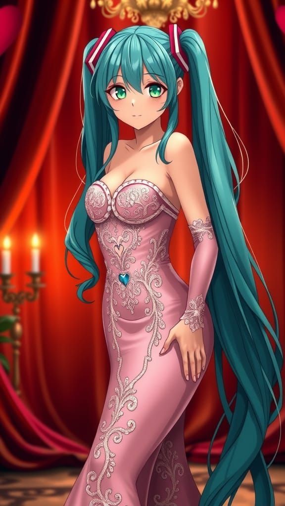 Hatsune Miku in Exquisite Valentine's Day Gown with Intricat...