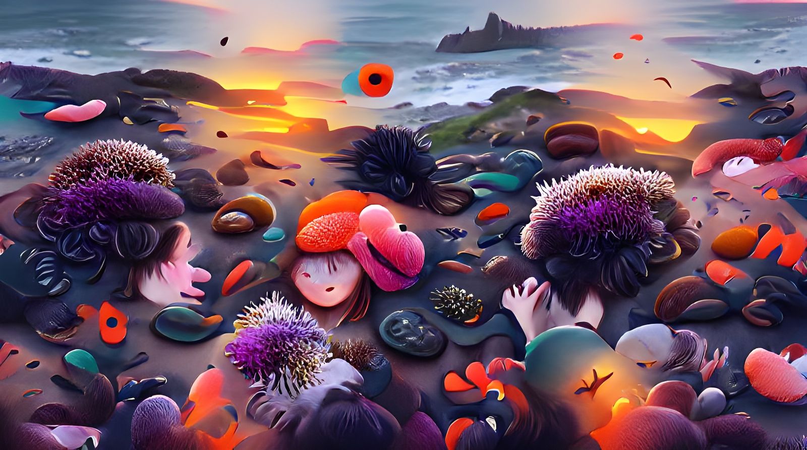 Vibrant Tide Pool Sunset in Storybook Illustration