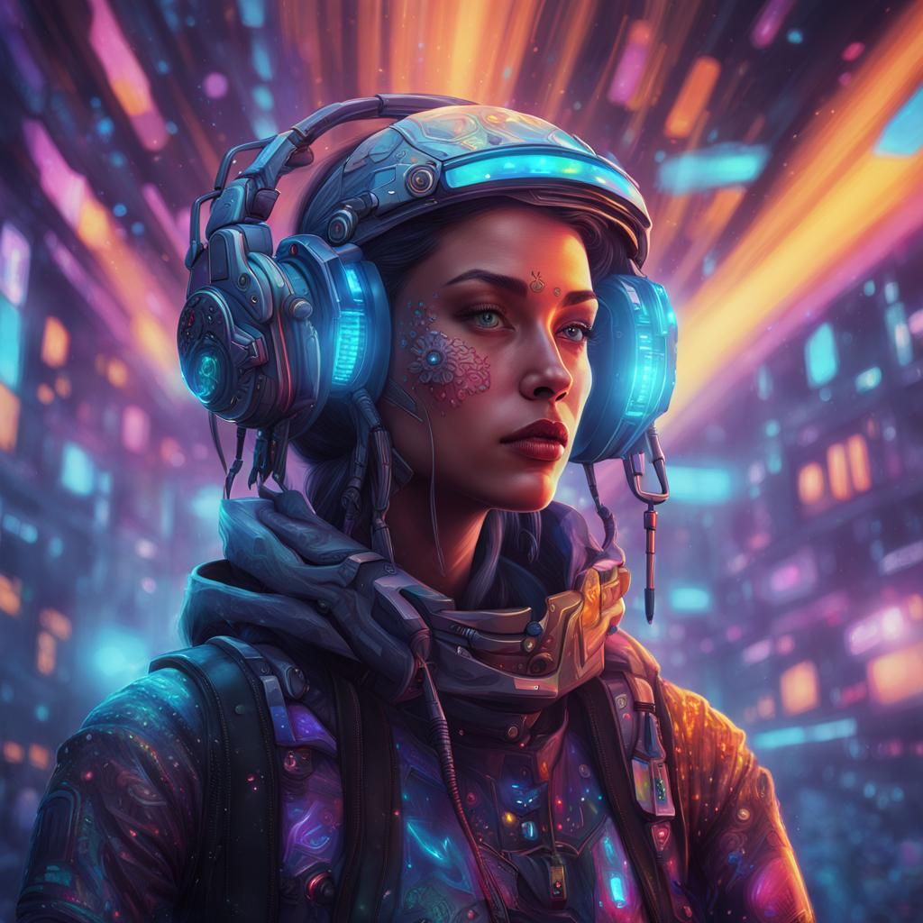 Cyberpunk Female Gamer in Holographic Astral Illustration