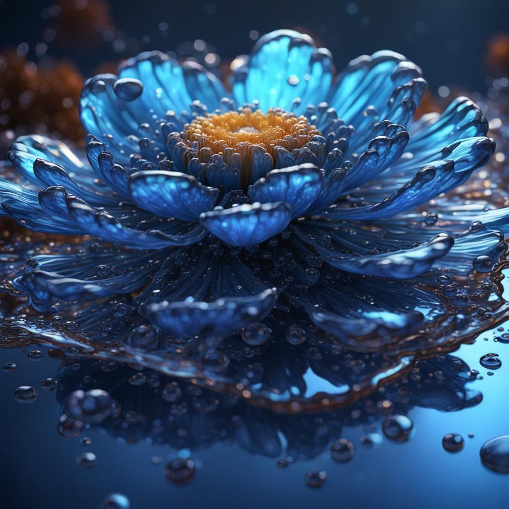 Shimmery Blue Glass Flower in Detailed Matte Painting