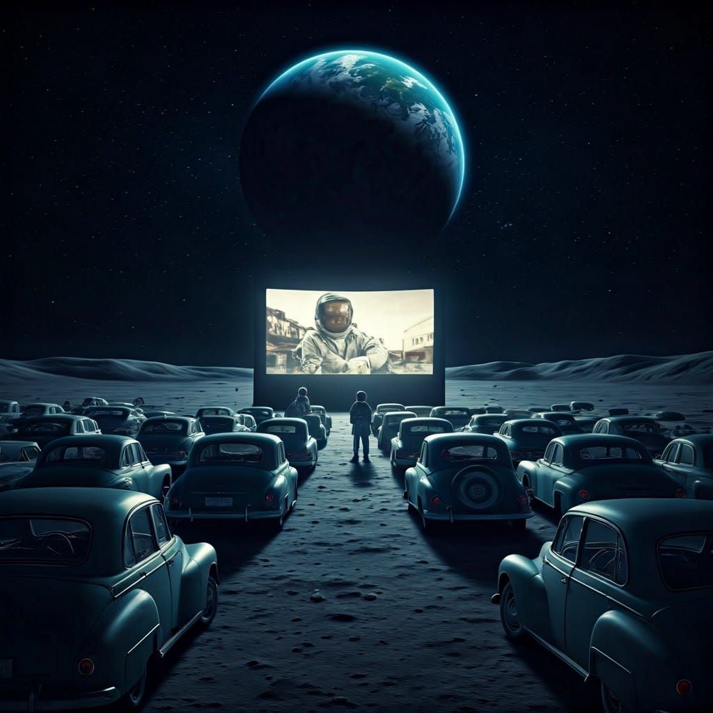 Retro Drive-In Cinema Under Lunar Night Sky
