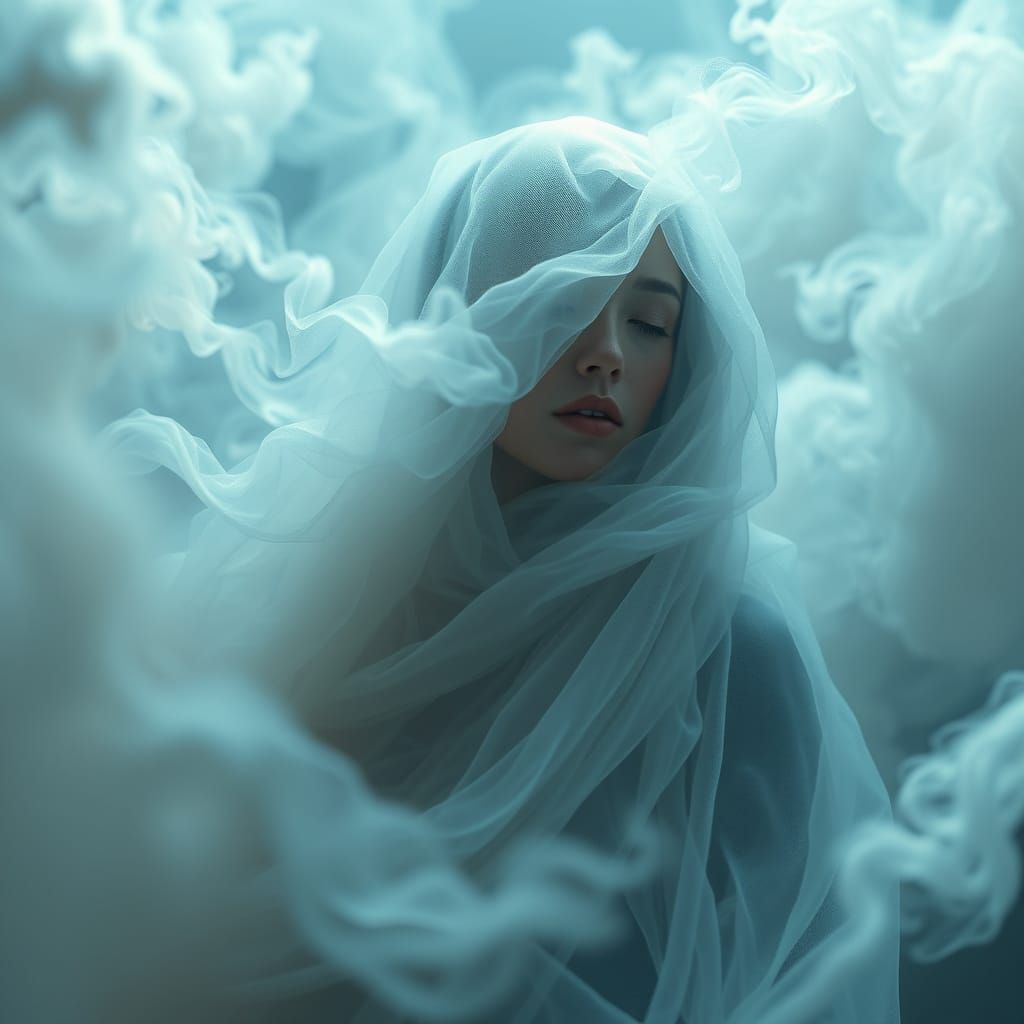 Figure Dissolves into Ethereal Mist in Whimsical 3D Scene