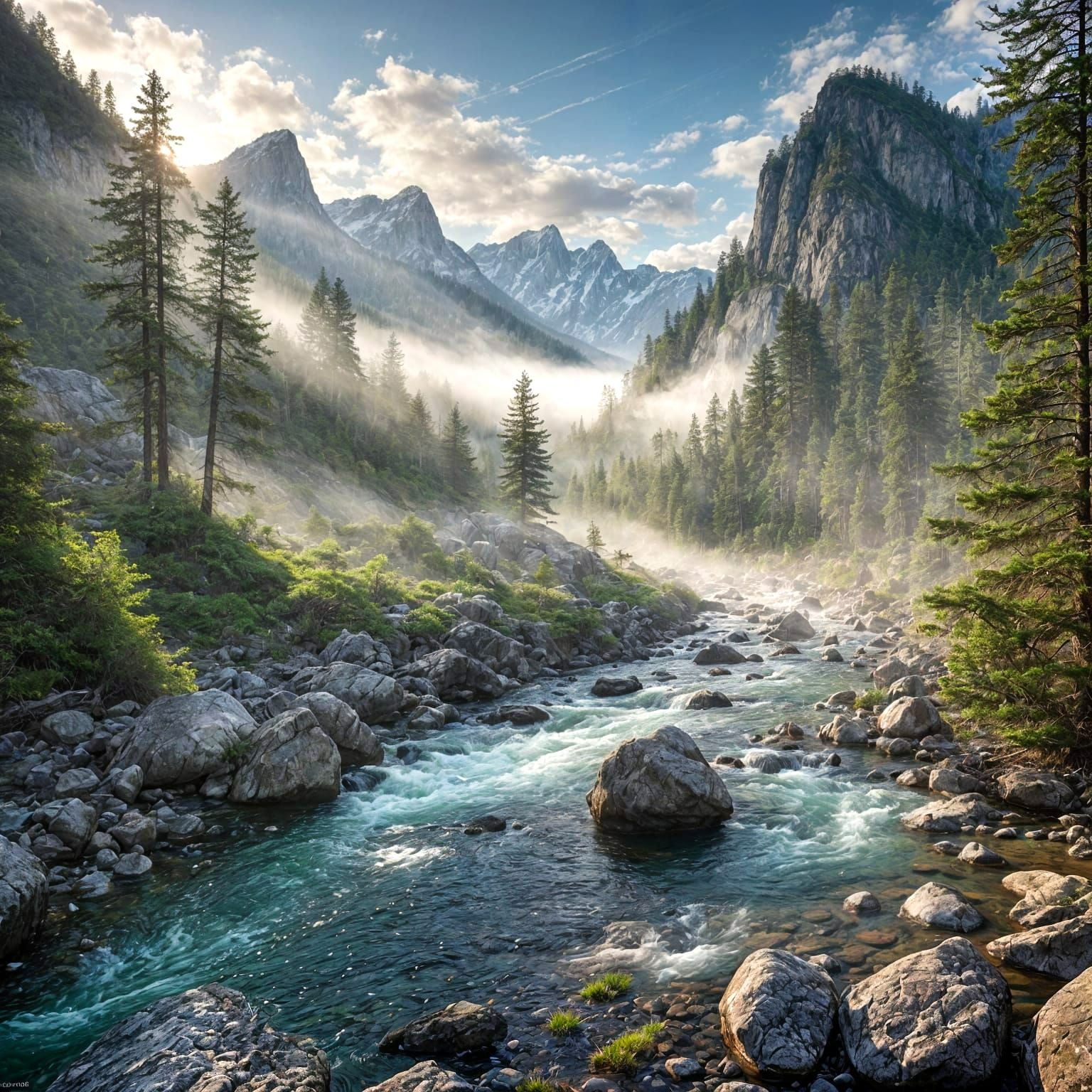 Breathtaking Wilderness Scene in Morning Mist