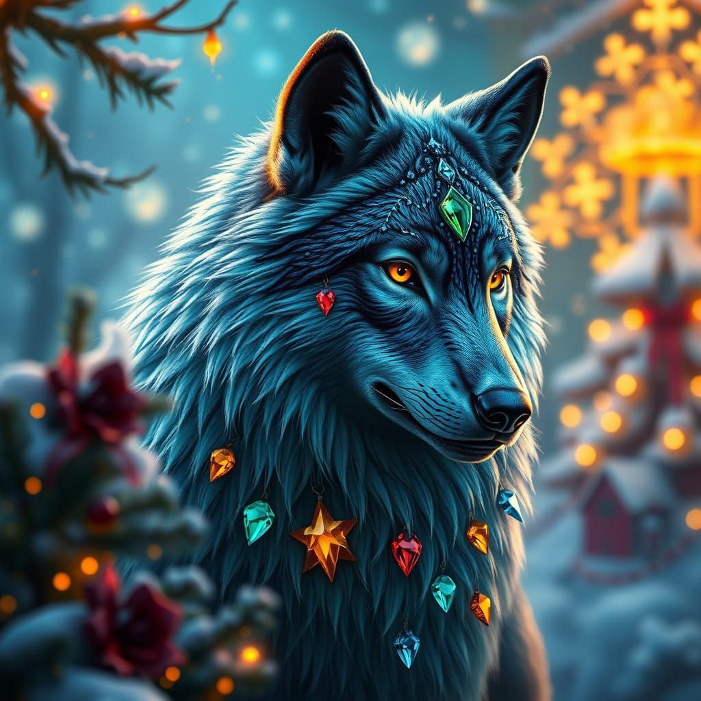 Fantasy Wolf Adorned with Gemstones in Christmas Landscape