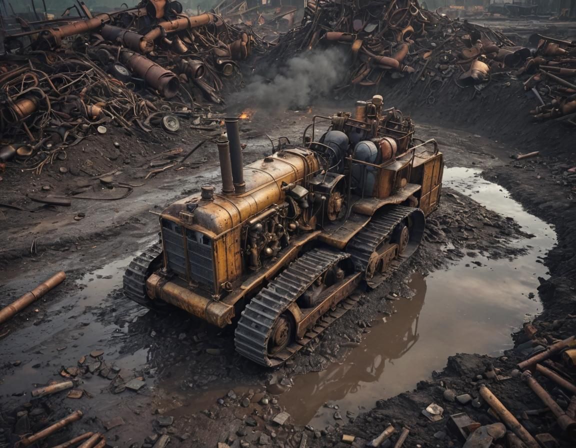 Dieselpunk Bulldozer in Stormy Sunset