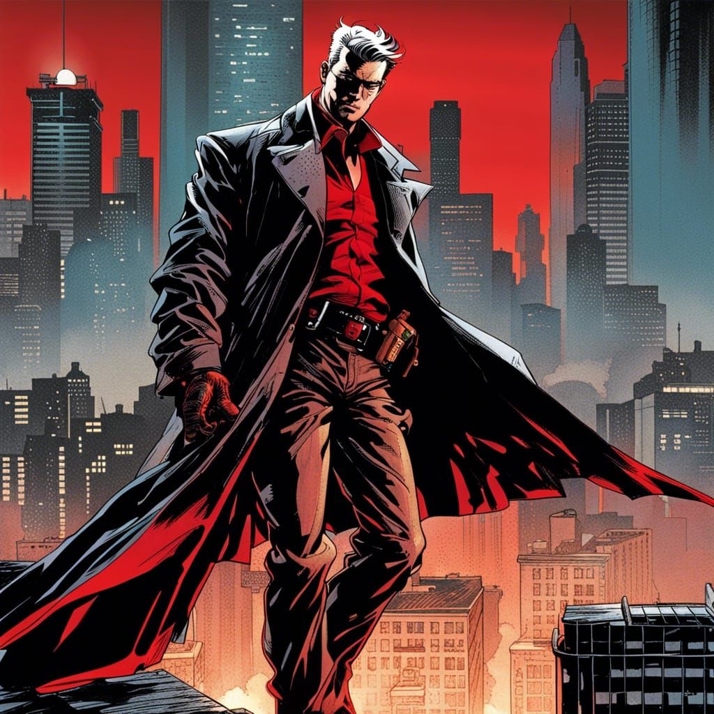 Cyberpunk Detective Rooftop Film Noir Poster Art