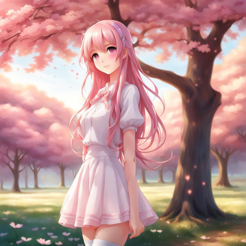 Shy Anime Girl with Pink Hair in Forest