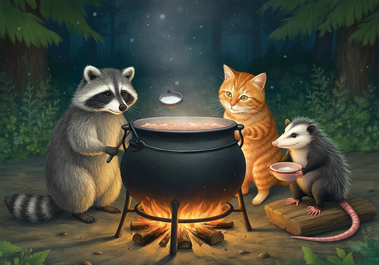 Raccoon, Cat, and Opossum Cook Stew