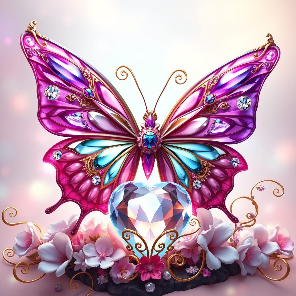 A beautiful, highly detailed fantasy-style butterfly with intricate, jewel-like wings in shades of pink, blue, and purpl...