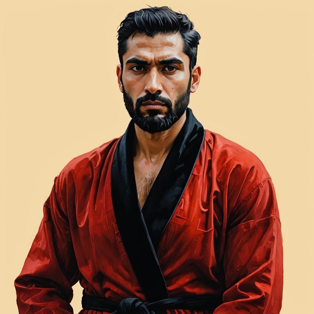 Pakistani Man in Red Robe, Neo-Expressionist Oil Painting