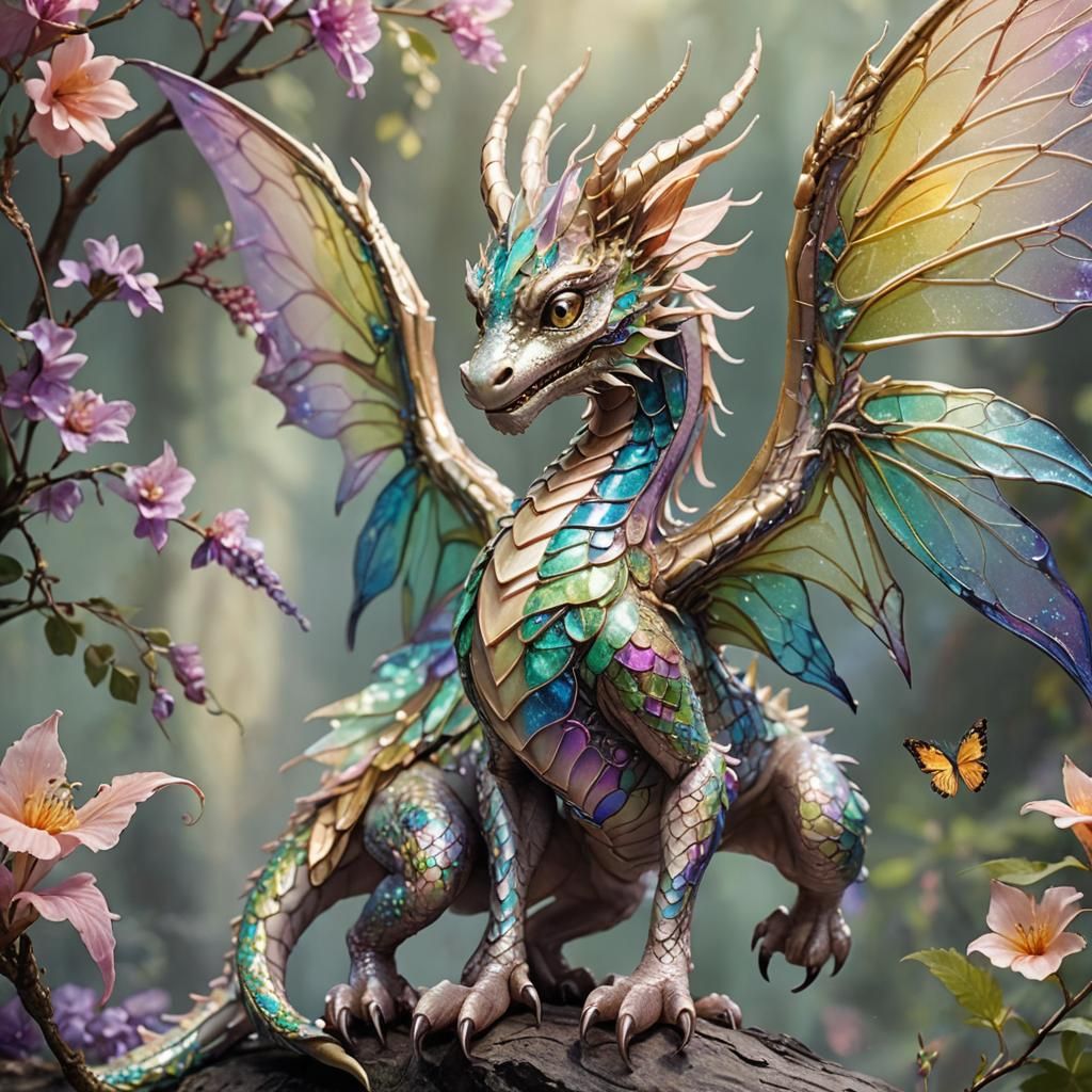 a fairy dragon hybrid that embodies a delicate yet powerful ...