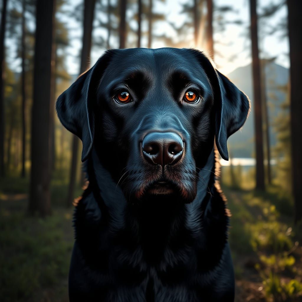 Hyperrealistic Black Labrador Retriever in a Forest Landscap...