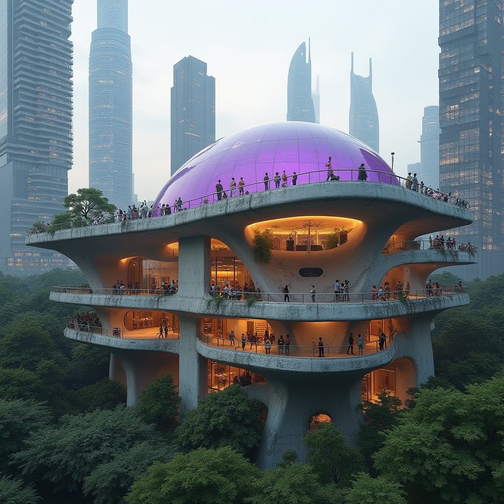 Organic Futuristic Building with Purple Plastic Dome and Lus...
