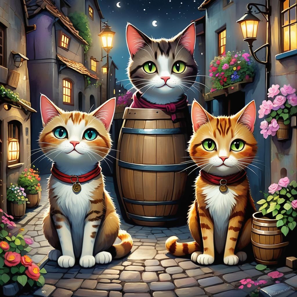 Whimsical Cats in Moonlit Village, Anime Art