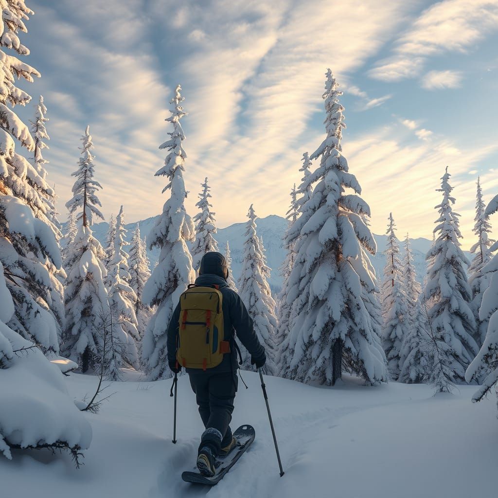 Snowshoer Trekking Through Alaskan Wilderness in Hyperrealis...