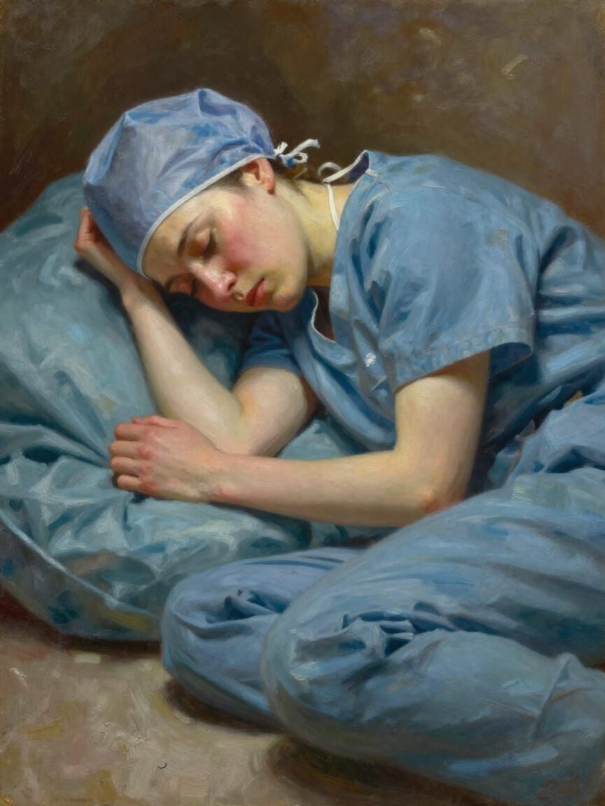 Exhausted Surgeon Rests in Warm, Realist Oil Painting Style