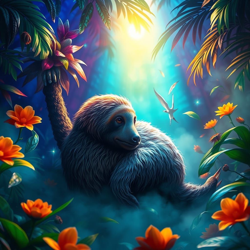 Surreal Iridescent Jungle Scene with Majestic Sloth