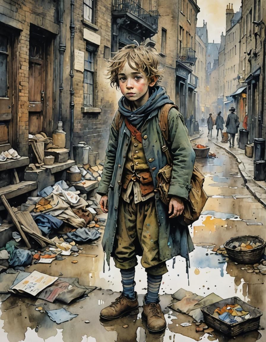 Beggar Child in Rags: Watercolour Storybook Illustration
