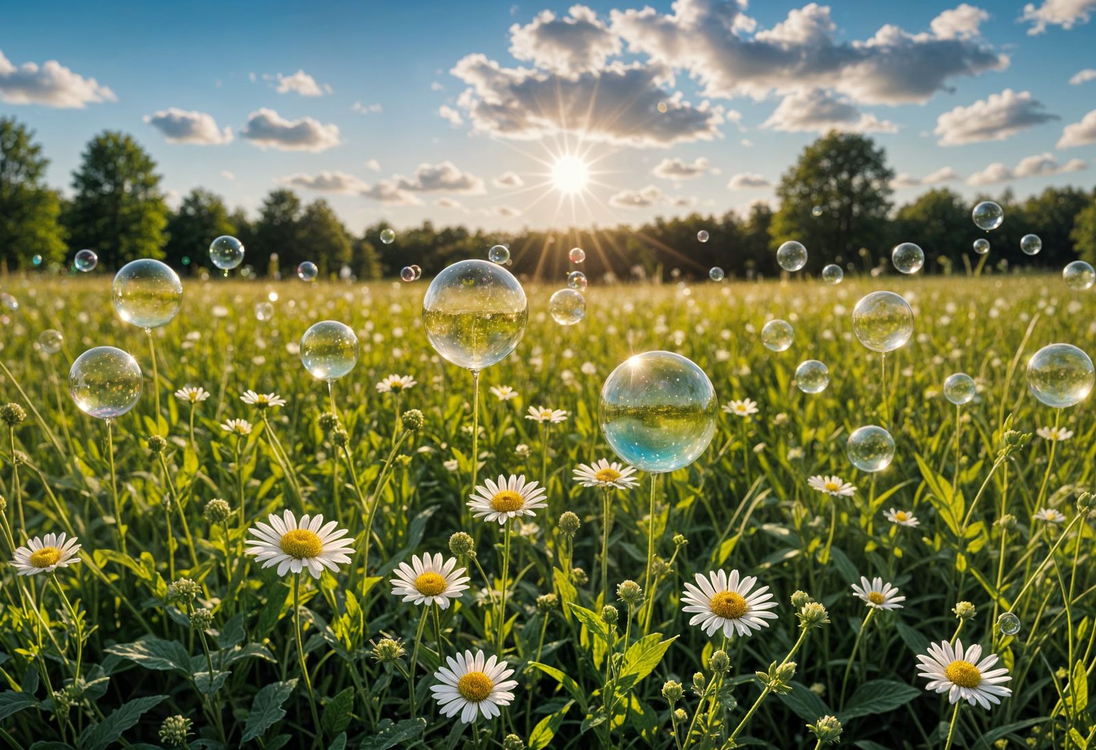 Sparkling Meadow with Bubbles and a Golden-Fingered Animal