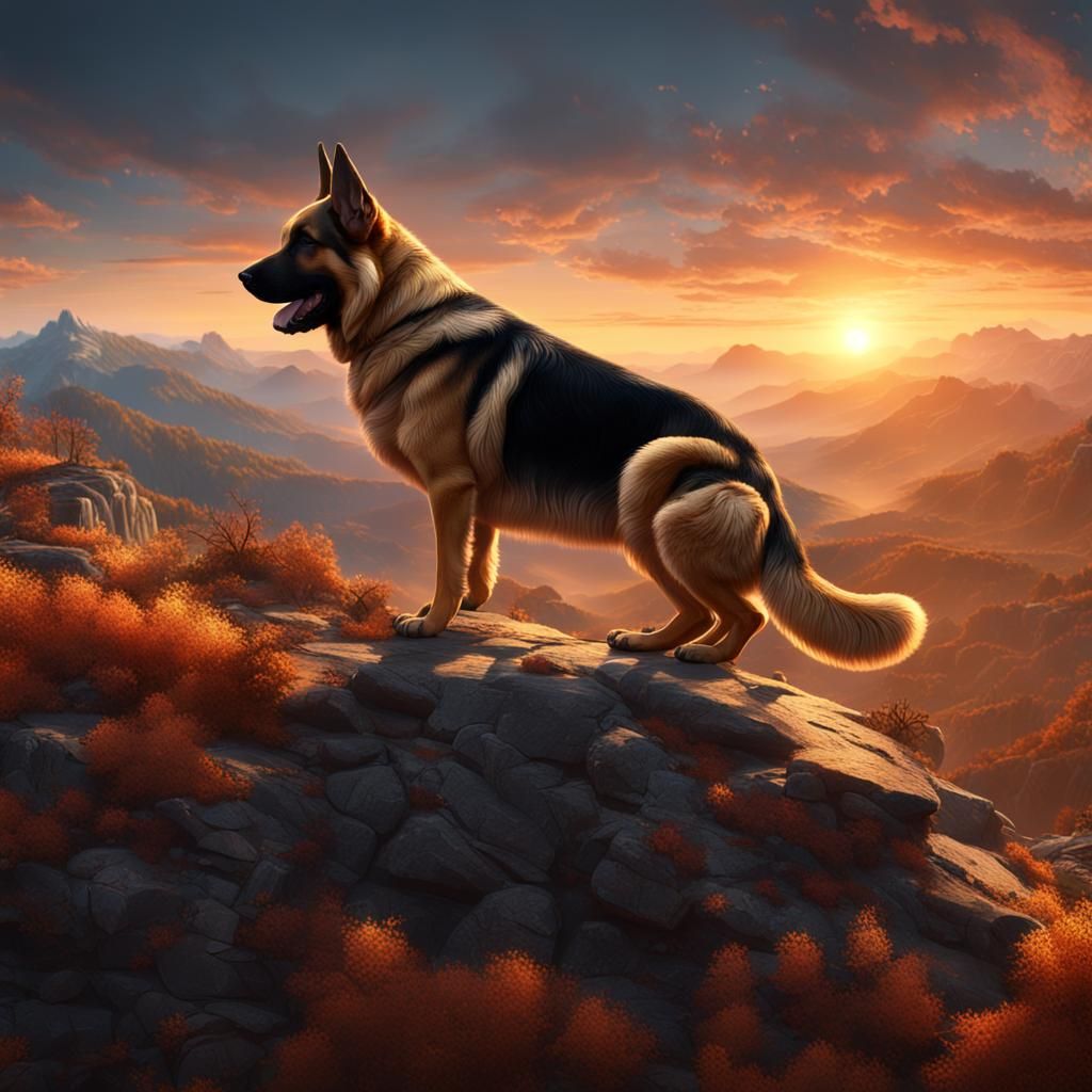 German Shepherd Sunset Mountain: Fantasy Concept Art