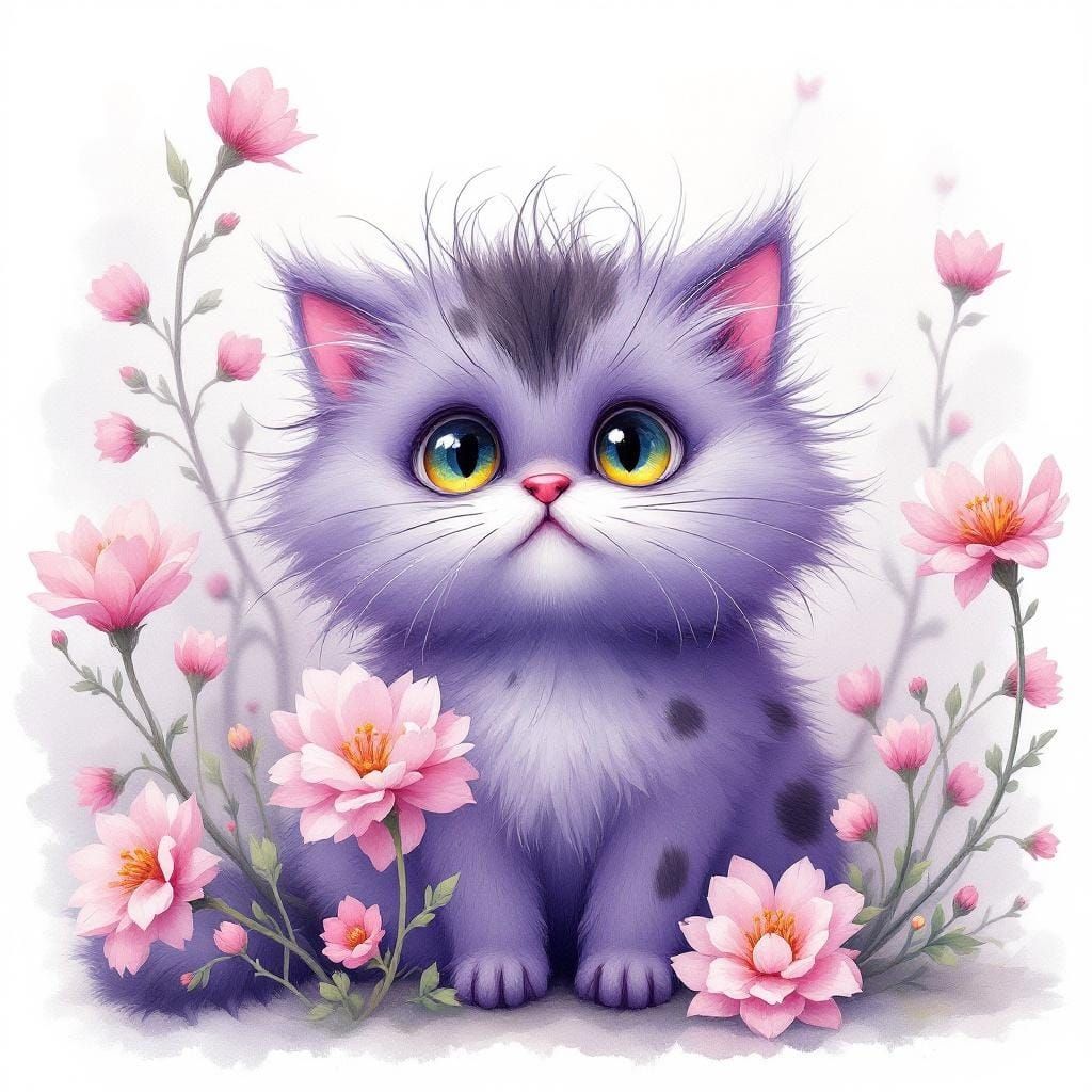 Whimsical Watercolor: Fluffy Purple Cat in Pink Flowers