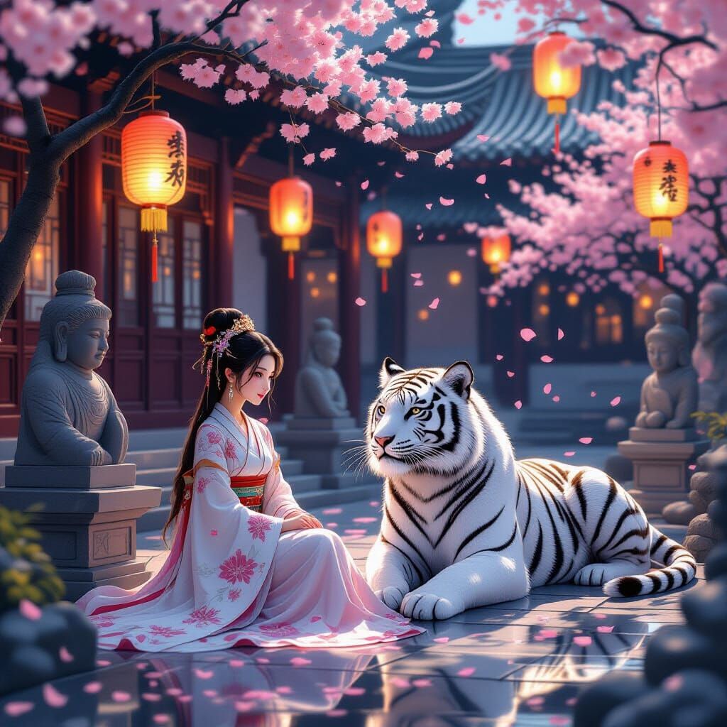Princess and White Tiger in Temple Garden