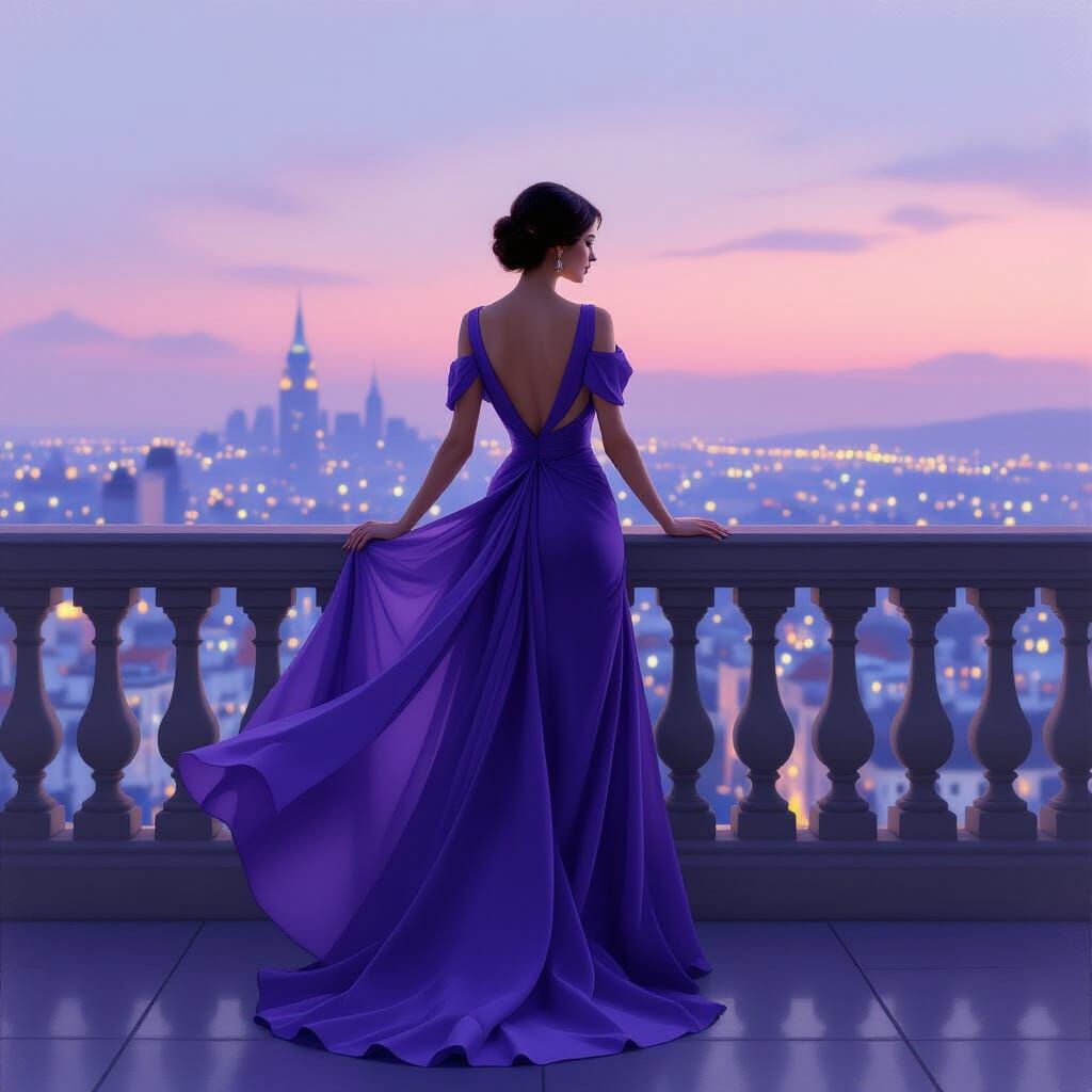 Elegant Woman on Balcony at Twilight, Romantic Painterly Sty...