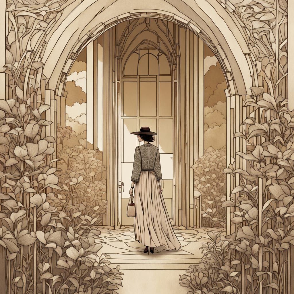 Elegant Art Nouveau Woman Surrounded by Floral Abundance