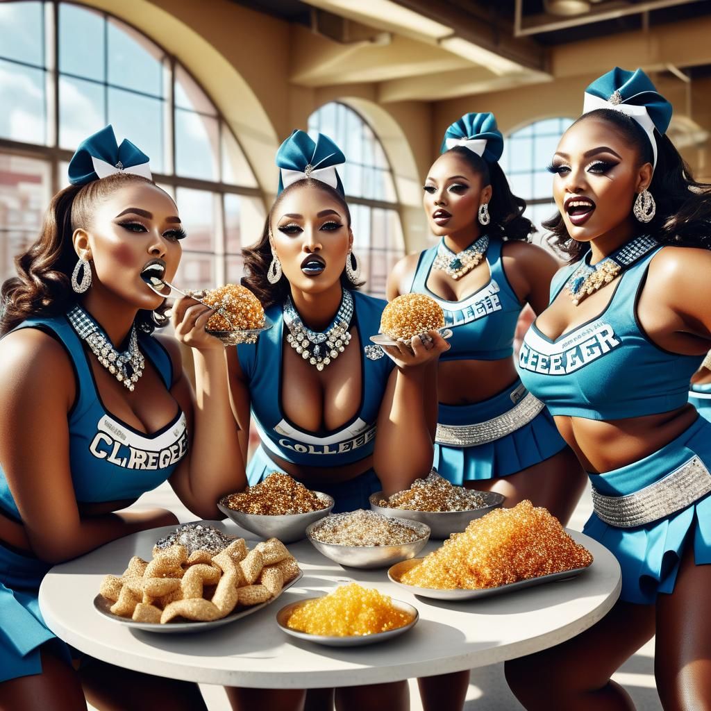 Surreal Cheerleaders' Break: Hyper-Realistic College Scene