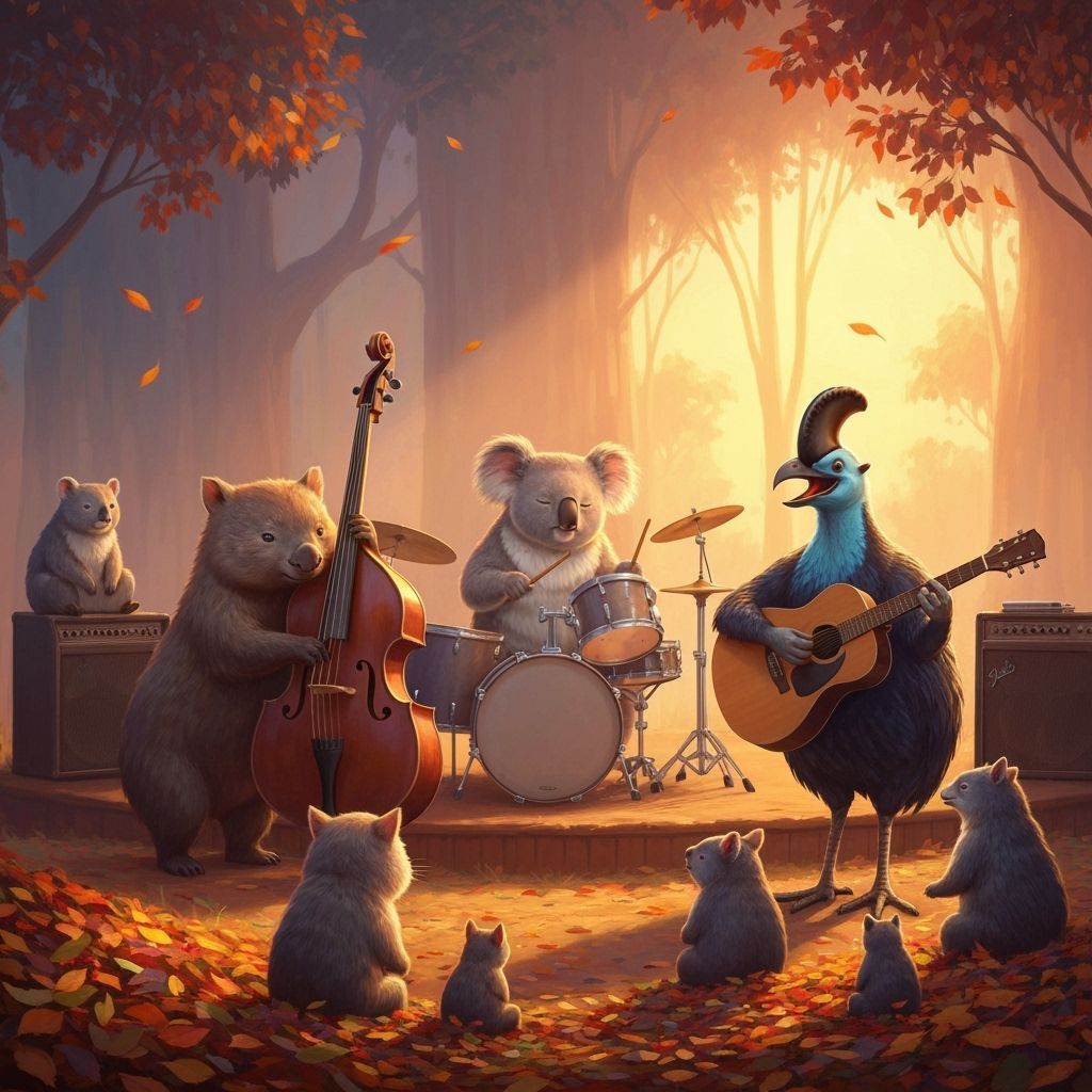 Australian Animals Jazz Band in Autumn Bush