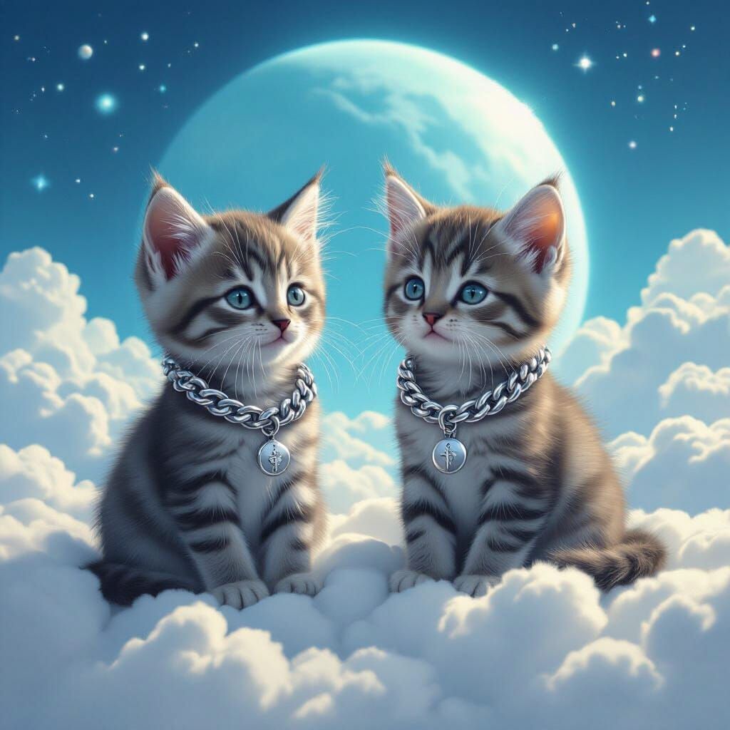 Kittens on Clouds with Neptune, Dreamy Pastel Art