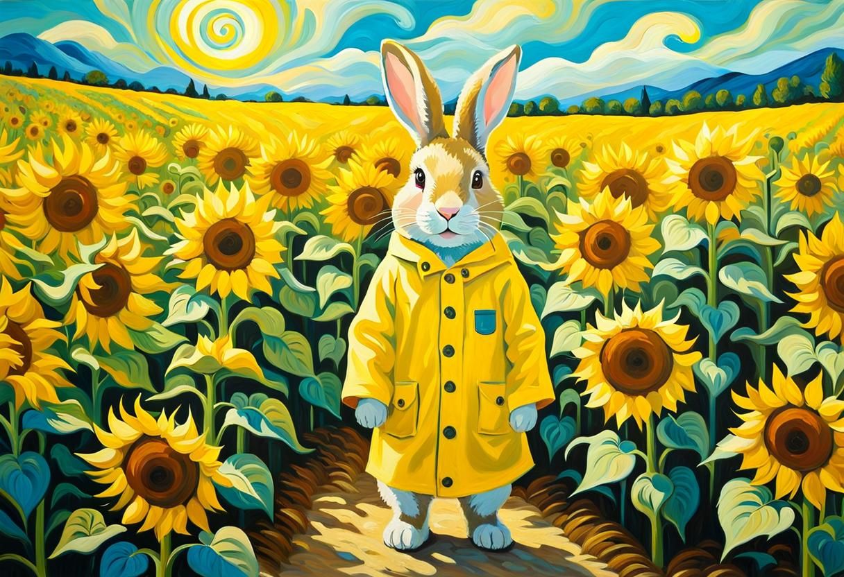 Rabbit in Sunflower Field, Van Gogh Impressionism