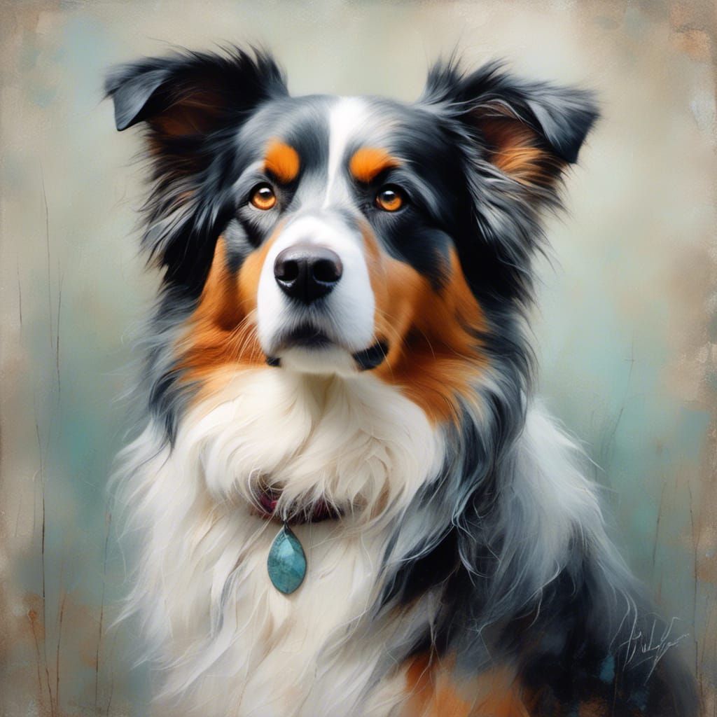 Watercolor Australian Shepherd Portrait in Whimsical Style