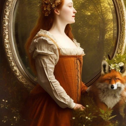 Renaissance Woman with Fox in Pre-Raphaelite Style