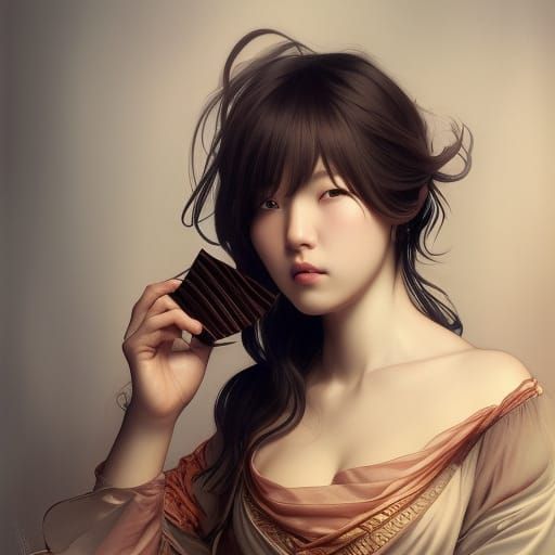 Beautiful Japanese Woman Eating Chocolate Portrait