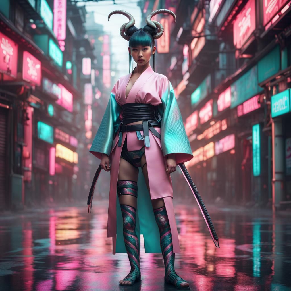 Cyberpunk Asian Model with Kimono and Snake Headpiece