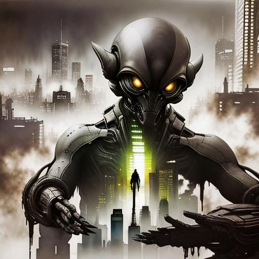 Alien Creature in Dystopian Cityscape: Double Exposure
