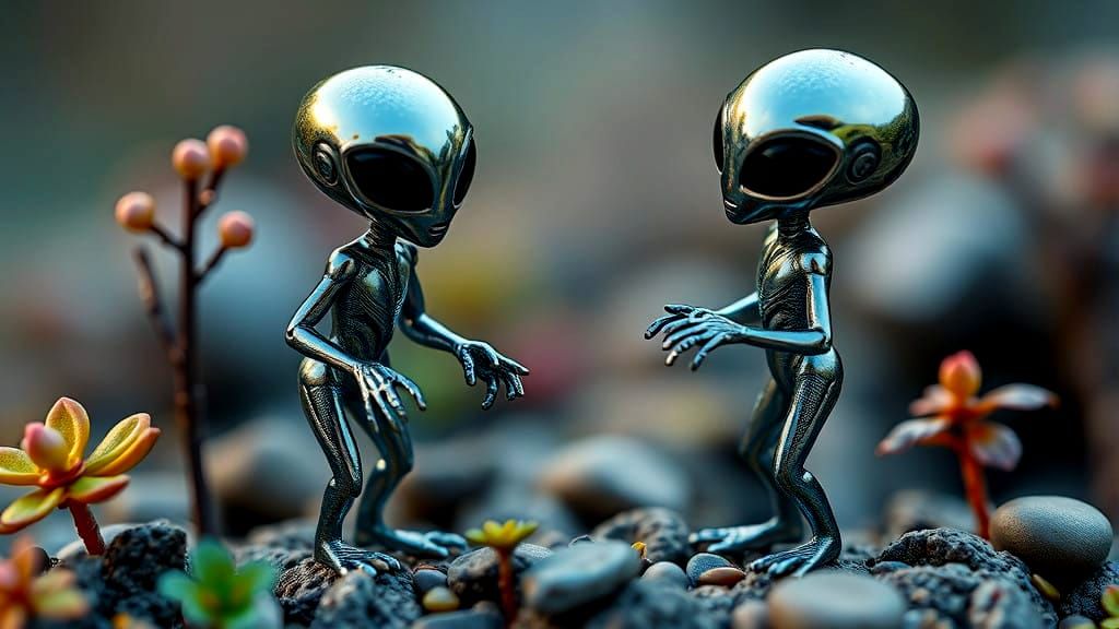 Miniature Metallic Aliens in Abalone Hues Amidst Verdant Sce...