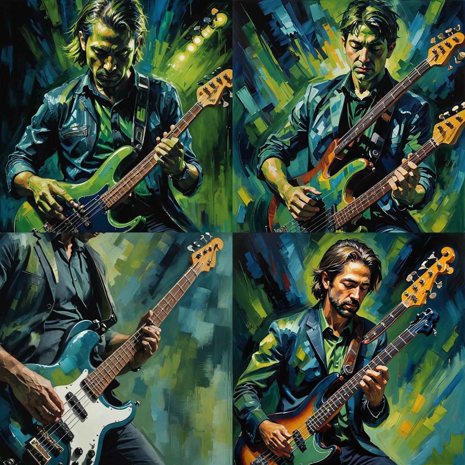 Abstract Musician Playing Bass in Blue and Green