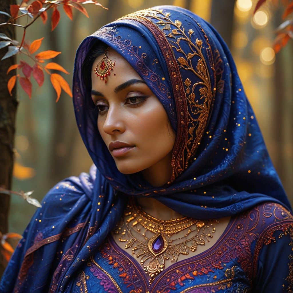 North African Woman in Enchanted Autumn Forest