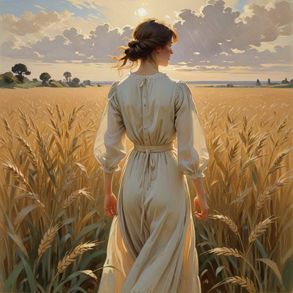 Idyllic Impressionist Woman in Golden Wheat Field
