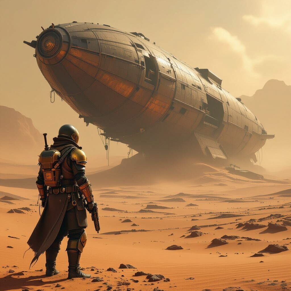Steampunk Soldier on Alien Planet with Airship