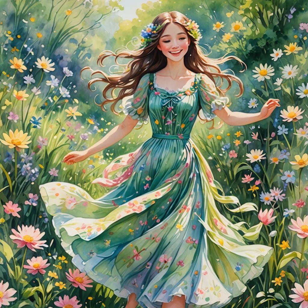 Blooming March Nymph in Watercolor Cartoon Style