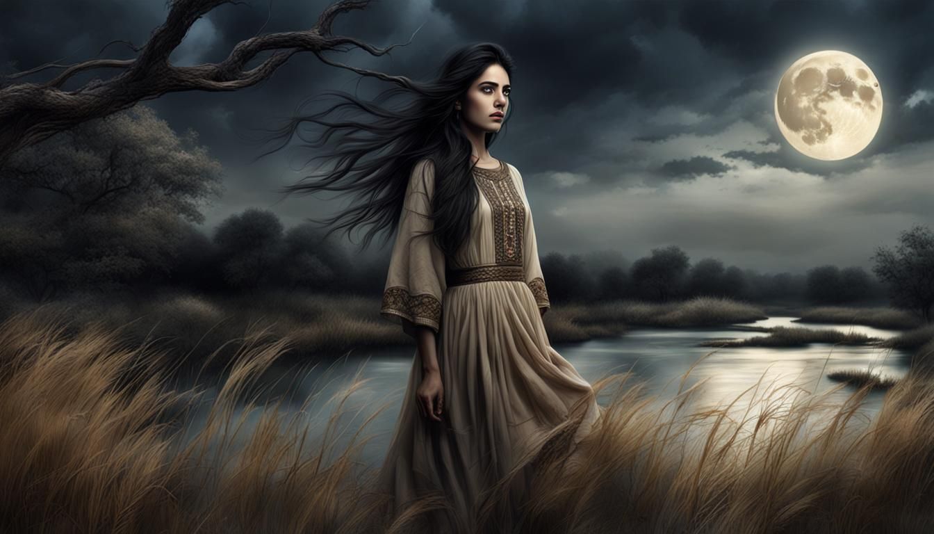 Sad Pashto Woman on Windy Night, Hyperrealistic